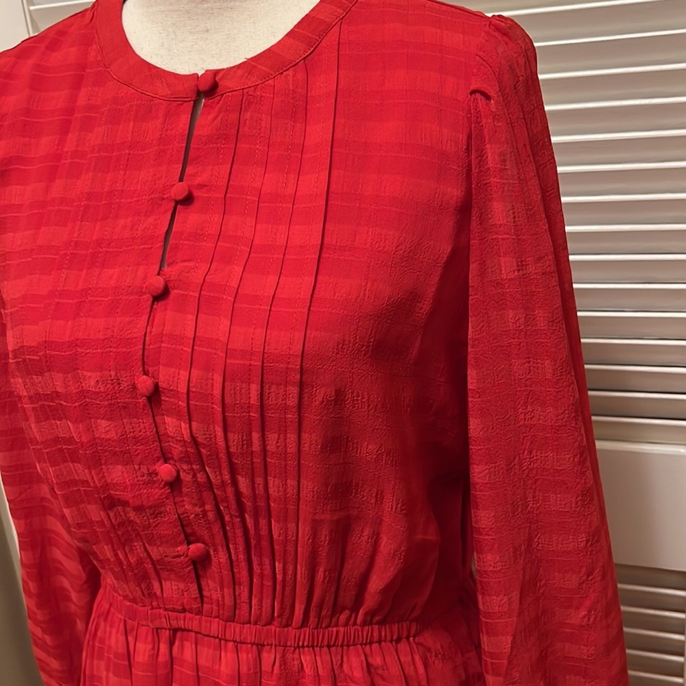 Loft Plaid Pintucked Tiered Flare Dress in Red, Size Medium - Picture 8 of 16